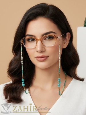  Екзотична верижка за очила, изработена от тюркоазени камъни чипс и фасетирани кристалии, декоративни шарени мъниста, дълга 74 см - N1655